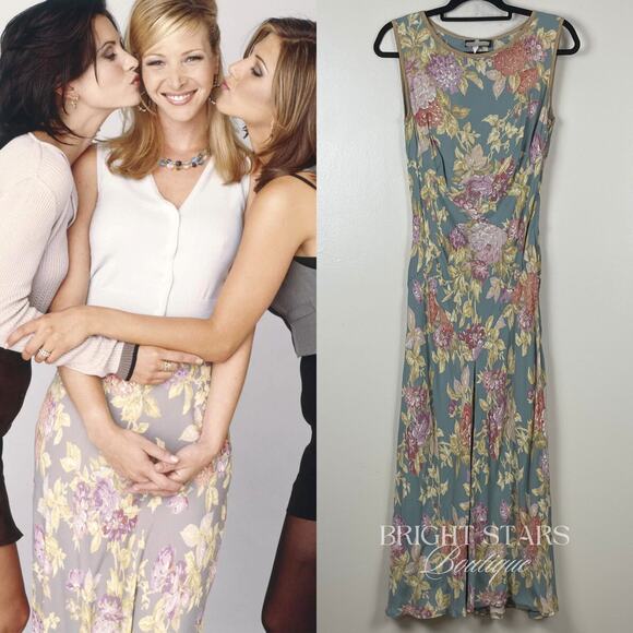 Super Rare Floral Maxi Dress ALT ASO Phoebe Buffay Friends Green Sleeveless VTG - Picture 1 of 10